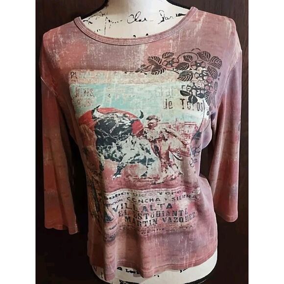 Bullfight Embellished Artsy 3/4 sleeve Cotton Tee top T Shirt Womens Large Red - Picture 1 of 8